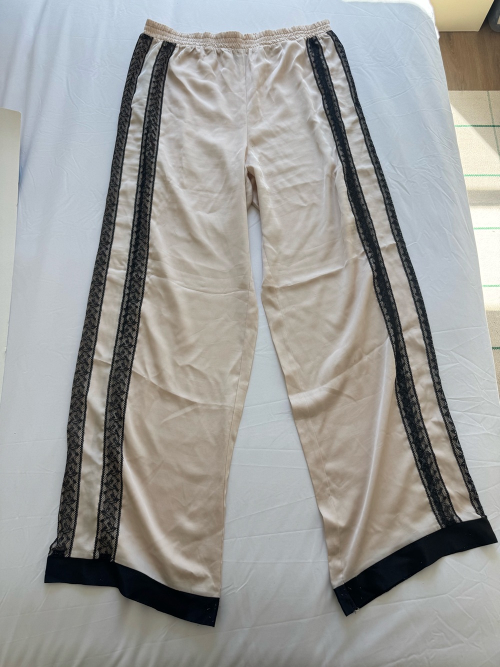 Victoria's Secret Beige satin Pajama Pants with Black Lace Side Stripes